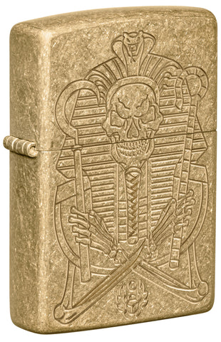 Front shot of ˫ Mummy Design Armor® Tumbled Brass Windproof Lighter standing at a 3/4 angle.